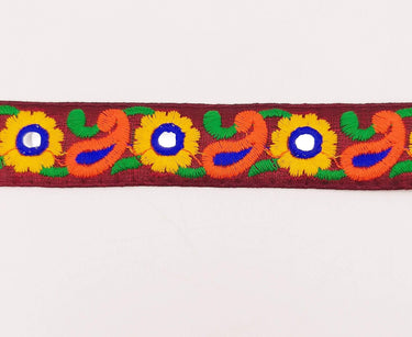 Deep Red Floral Mirrored Trim With Yellow Flowers And Orange Paisley Embroidery, Decorative Trimming, Trim By 3 Yards
